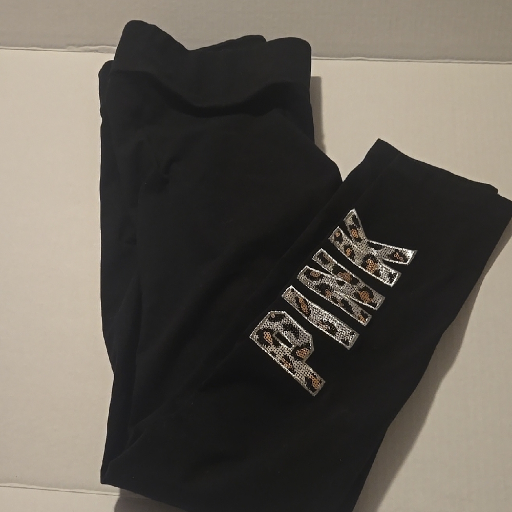 PINK Victoria's Secret Black Leggings with Leopard Print Logo